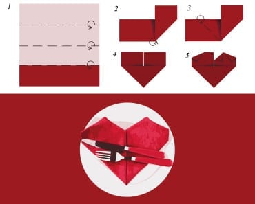 origami, vika servetter, servetter, hjärta, duka, bord, bordsdukning, middag, bjudning