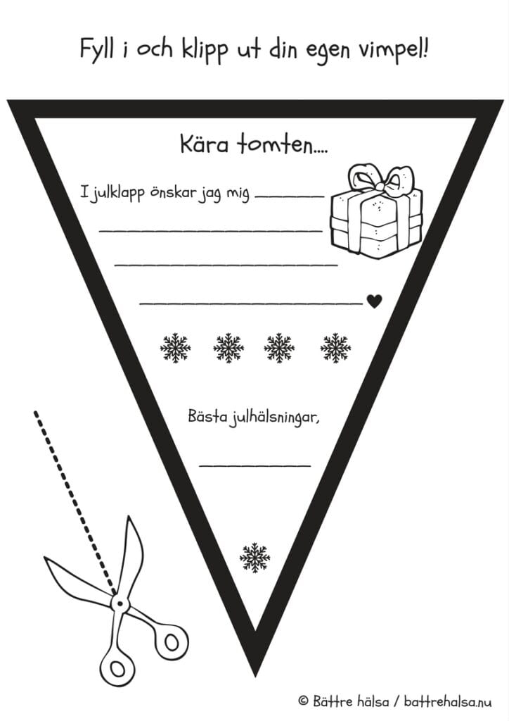 skriva brev till tomten, önskelista, vimpel, julpyssel, pyssel inför jul, barnpyssel, pyssel för jul, knep och knåp, aktivitetsblad