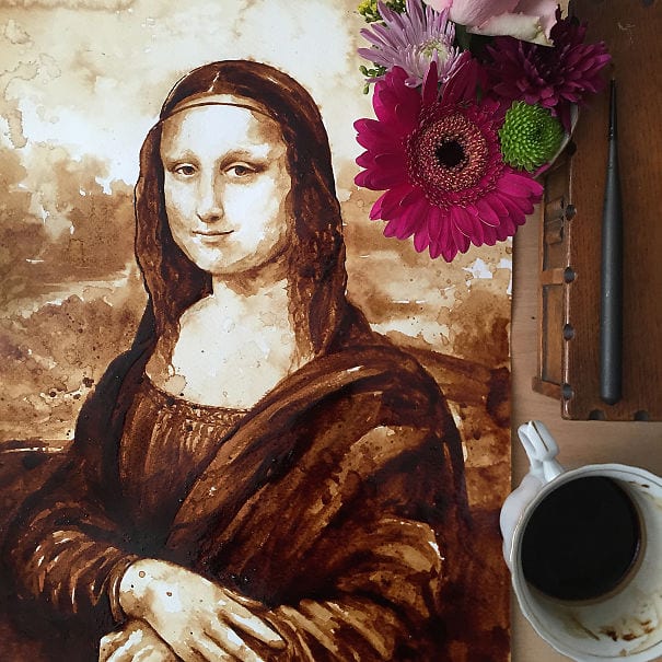 måla med kaffe, Mona Lisa, Leonardo da Vinci, tolkning av Mona Lisa, parafras, kaffemålning