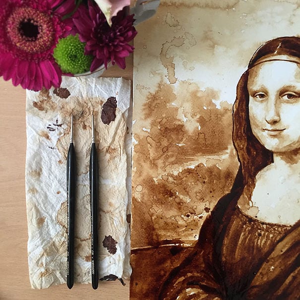 måla med kaffe, Mona Lisa, Leonardo da Vinci, tolkning av Mona Lisa, parafras, kaffemålning