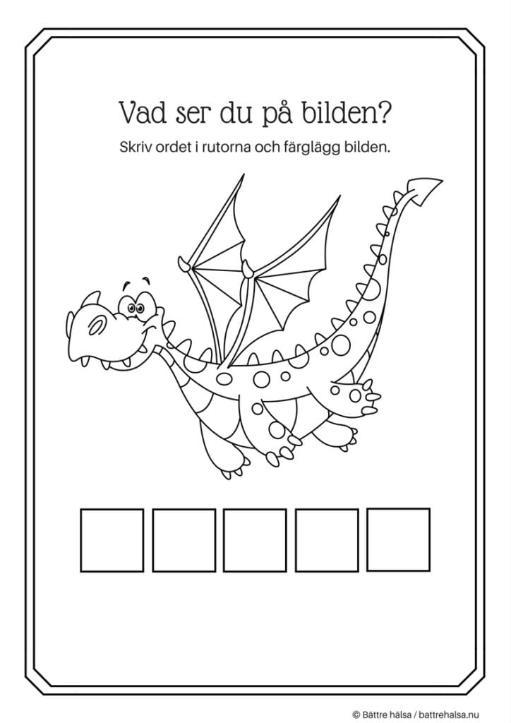 aktiviteter för barn, barnaktiviteter, pyssla och lek, knep och knåp, lära sig ord, måla, färglägg, målarbild, drake, saga, sagodjur, fabeldjur