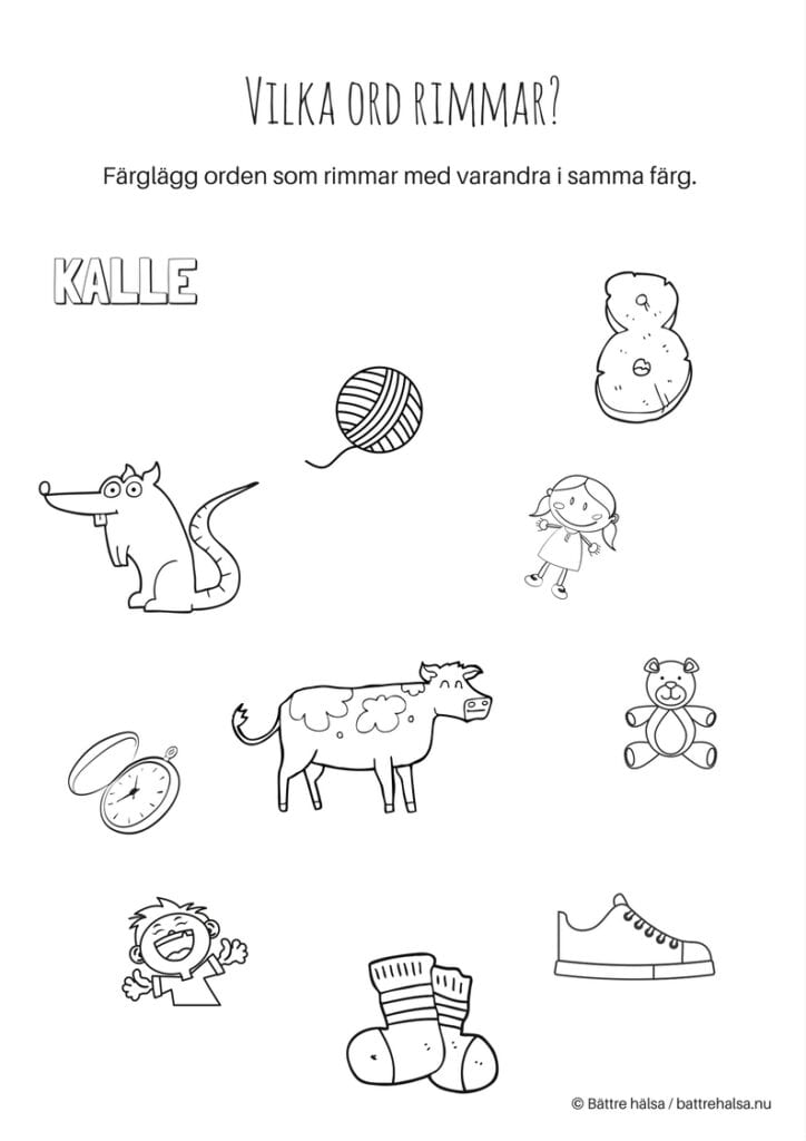 aktiviteter för barn, barnaktiviteter, pyssla och lek, knep och knåp, lära sig ord, lära sig skriva, lära sig läsa, rimma, rim, ord som rimmar, färglägg, måla