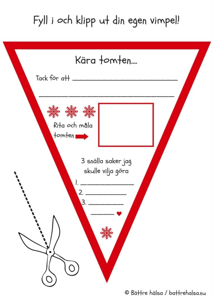 skriva brev till tomten, önskelista, vimpel, julpyssel, pyssel inför jul, barnpyssel, pyssel för jul, knep och knåp, aktivitetsblad